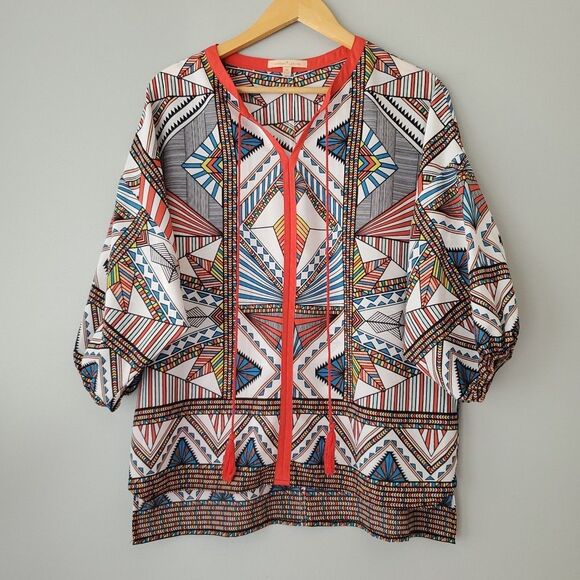 Gibson Latimer Red Colorful Geometric Oversized Pullover Blouse Womens Medium - Picture 7 of 7